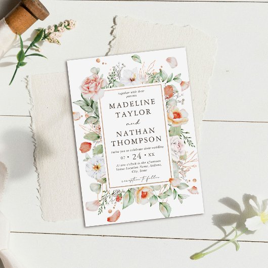 ミントグリーン＆ピンクの花の結婚式招待状 招待状