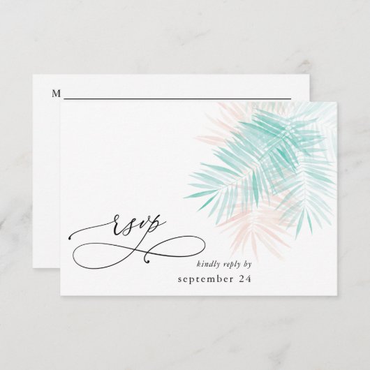ミントグリーン&ピンクパームリーフオンホワイトw食事RSVP 出欠カード (正面/裏面)