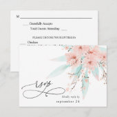 ミントグリーン&ピンクフローラオンホワイトw食事RSVP 2 出欠カード (正面/裏面)