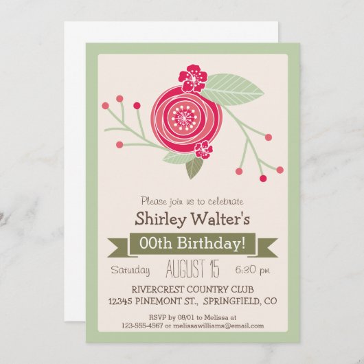 ミントグリーン&ピンクフローラ大人の誕生日パーティー 招待状 (正面/裏面)