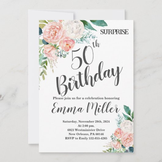 ミントグリーン&ピンクペオニー50誕生日 招待状 (正面)
