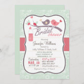 ミントグリーン&ピンクラブバードブライダルシャワー 招待状 (正面/裏面)