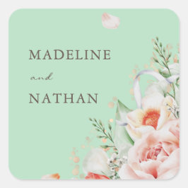 ミントグリーン&ピーチフローラブーケ封筒用シール スクエアシール