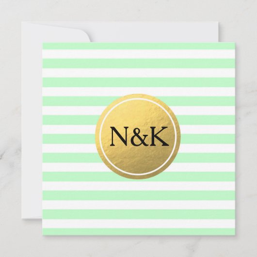 ミントグリーン&ホワイトゴールドストライプのフォイル招待状 招待状 (正面)