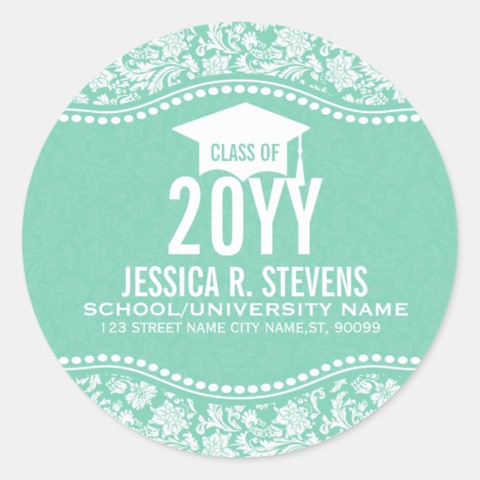 ミントグリーン&ホワイトフローラダマスク卒業帽子 ラウンドシール (正面)