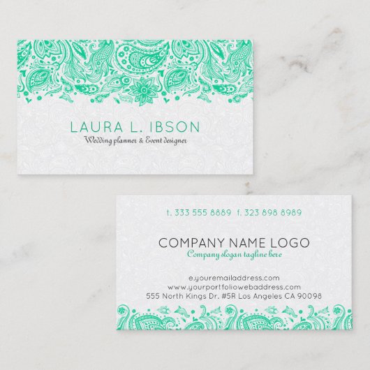 ミントグリーン&ホワイトフローラペイズリーレース 名刺 (正面/裏面)