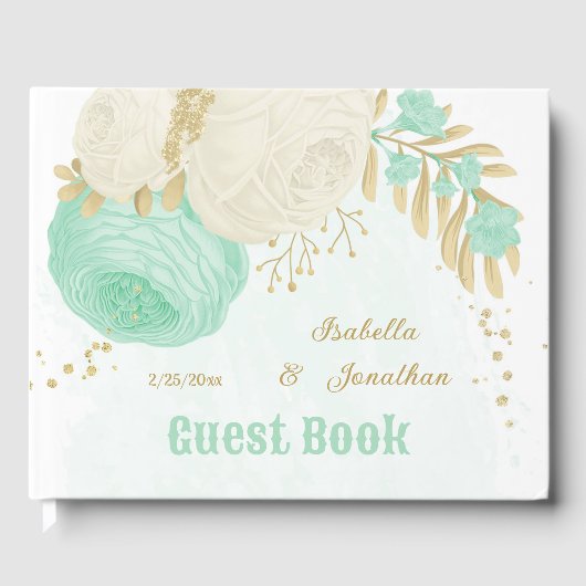ミントグリーン&ホワイト花金ゴールド結婚フローラ ゲストブック (正面)