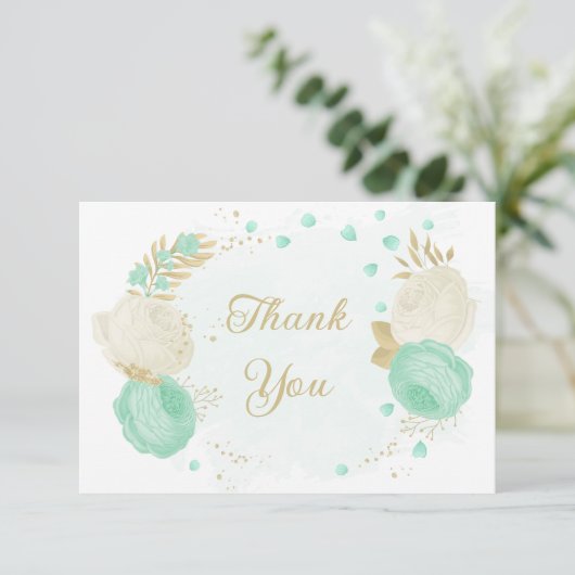 ミントグリーン&ホワイト花金ゴールド結婚フローラ サンキューカード (スタンド正面)