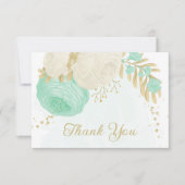 ミントグリーン&ホワイト花金ゴールド結婚フローラ サンキューカード (正面)