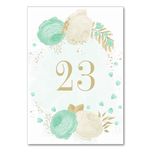ミントグリーン&ホワイト花金ゴールド結婚フローラ テーブルナンバー (正面)