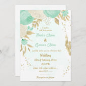 ミントグリーン&ホワイト花金ゴールド結婚フローラ 招待状 (正面/裏面)
