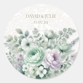 ミントグリーン&ラベンダーフローラホワイトレース結婚ズ ラウンドシール