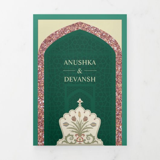 ミントグリーン ローズゴールド グリッター インドの結婚式 三つ折り招待状 (カバー)