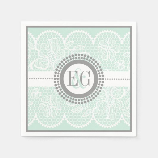ミントグリーン、白いレースのパタ結婚ーン スタンダードカクテルナプキン (正面)