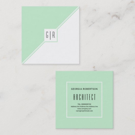 ミントグリーン、白い三角形とモノグラムモダン スクエア名刺 (正面/裏面)