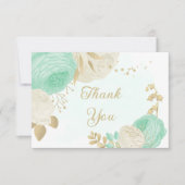 ミントグリーン & 白い花 ゴールド フラワーのウェディング サンキューカード (正面)