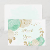 ミントグリーン & 白い花 ゴールド フラワーのウェディング サンキューカード (正面/裏面)