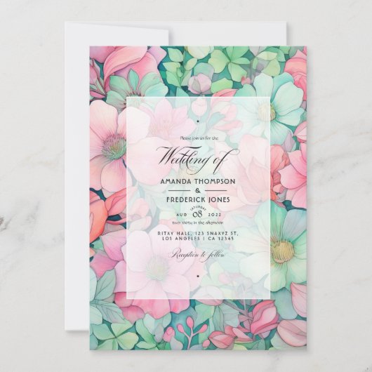 ミントグリーン、赤面ピンク、ドーブグレイ結婚ズ 招待状 (正面)