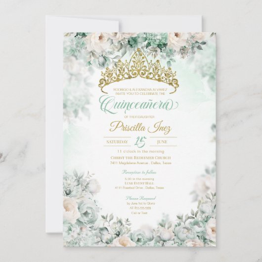 ミントグリーン&金ゴールドウォーターカラーフローラキンセアニラ 招待状 (正面)