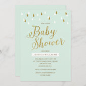 ミントグリーン&金ゴールドグリッター雨滴ベビーシャワー 招待状 (正面/裏面)
