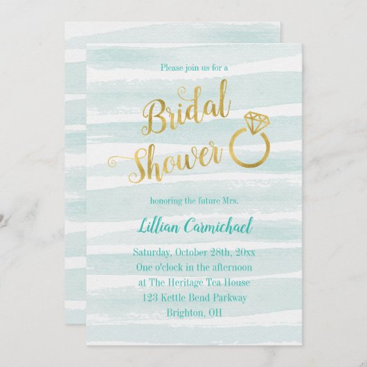 ミントグリーン&金ゴールド水彩ブライダルシャワー 招待状 (正面/裏面)
