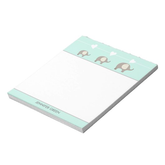 ミントグレーハートゾウパーソナライズされたメモ帳 ノートパッド (回転)