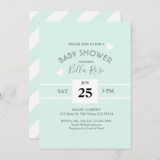 ミントグレーホワイトストライプ招待状ベビーシャワー 招待状 (正面/裏面)