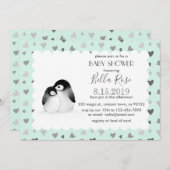 ミントグレー ハート ペンギン ベビーシャワー 招待状 (正面/裏面)