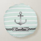 ミントコンテンポラリーストライプいかりパーソナライズされた ラウンドクッション (裏面)