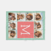 ミントコーラルスクエア8フォトコラージモノグラム フリースブランケット (正面(横))