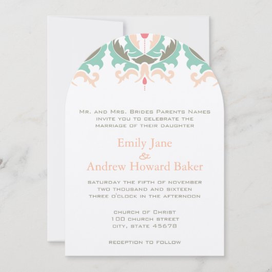 ミントコーラルピーチダマスウェディング招待状 招待状 (正面)