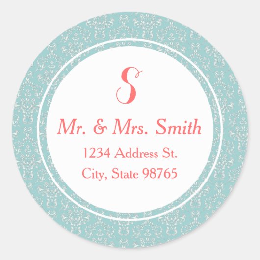 ミントコーラルラウンドダマスク住所 シールステッカー ラウンドシール (正面)