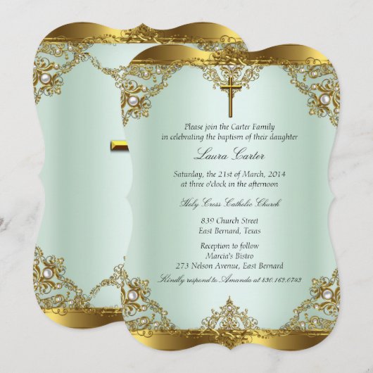 ミントゴールドパールダマスククロス 洗礼 誕生 3 招待状 (正面/裏面)