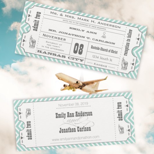 ミントシェブロンジグザグモダンヴィンテージ結婚チケット 招待状