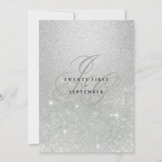 ミントシルバーモノグラムグラデーションイニシャル結婚グリッター 招待状 (裏面)