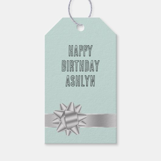 ミントシルバーリボンボウ誕生日 ギフトタグ (正面)