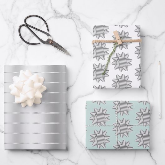 ミントシルバーリボンボウ ブライダルシャワー ラッピングペーパーシート (正面)