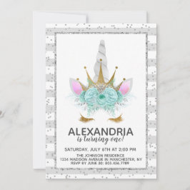 ミントシルバー&金ゴールドユニコーンプリンセス誕生日 招待状