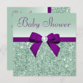 ミントシーフェイククインズパープルボウベイビーシャワー 招待状 (正面/裏面)