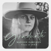 ミントスタイリッシュグリーンスクリプト写真卒業 スクエアシール (正面)