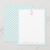 ミントストライプにピンクのアンカーのモノグラムカード 招待状 (正面/裏面)