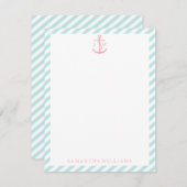 ミントストライプにピンクのアンカーのモノグラムメモ 招待状 (正面/裏面)