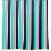 ミントストライプグリーン、ピンク、ネイビーブルーの各ブランド シャワーカーテン (正面)