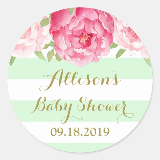 ミントストライプピンクフローラベビーシャワーメッセージカード ラウンドシール (正面)