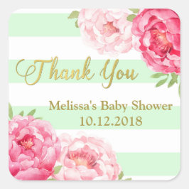 ミントストライプフローラピンク赤ちゃんシャワーありがとう スクエアシール