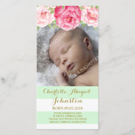 ミントストライプーピンクの花ありがとう赤ちゃんシャワー サンキューカード