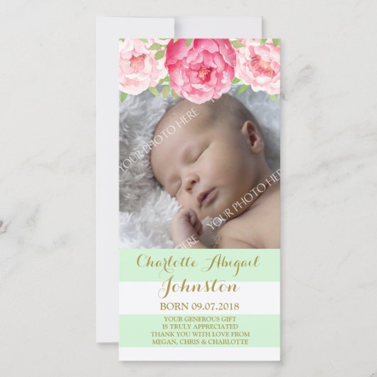 ミントストライプーピンクの花ありがとう赤ちゃんシャワー サンキューカード (正面)