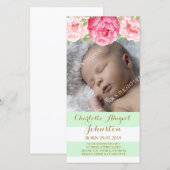 ミントストライプーピンクの花ありがとう赤ちゃんシャワー サンキューカード (正面/裏面)