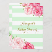 ミントストライプーピンク水彩花ベビーシャワー 招待状 (正面/裏面)
