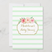 ミントストライプーフローラピンクの水色の赤ちゃんシャワー 招待状 (正面)